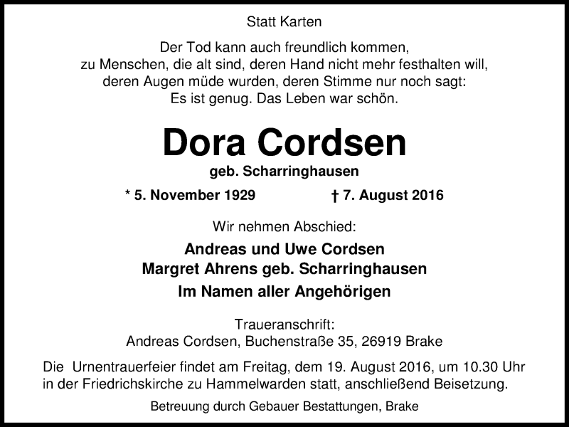  Traueranzeige für Dora Cordsen vom 09.08.2016 aus Nordwest-Zeitung