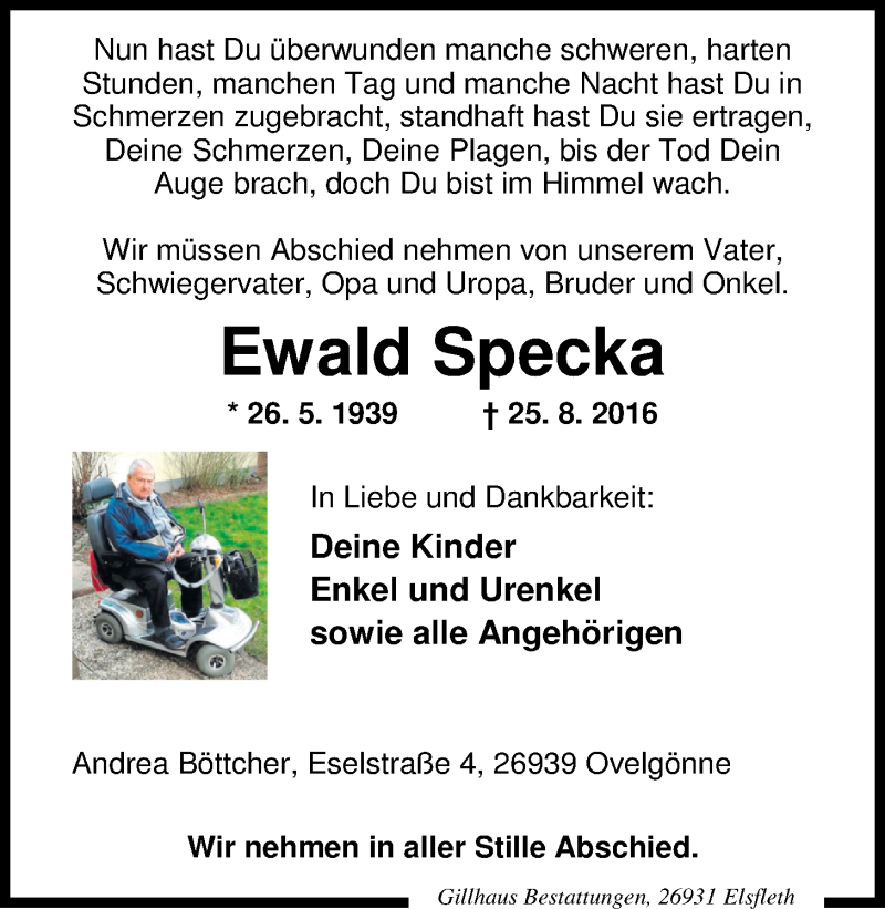  Traueranzeige für Ewald Specka vom 29.08.2016 aus Nordwest-Zeitung