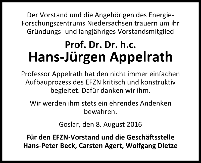  Traueranzeige für Hans-Jürgen Appelrath vom 09.08.2016 aus Nordwest-Zeitung
