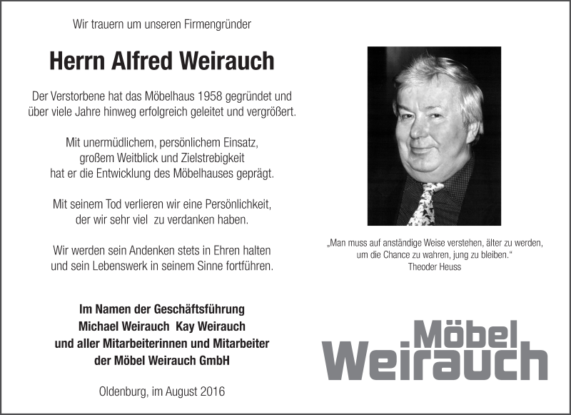  Traueranzeige für Alfred Weirauch vom 27.08.2016 aus Nordwest-Zeitung