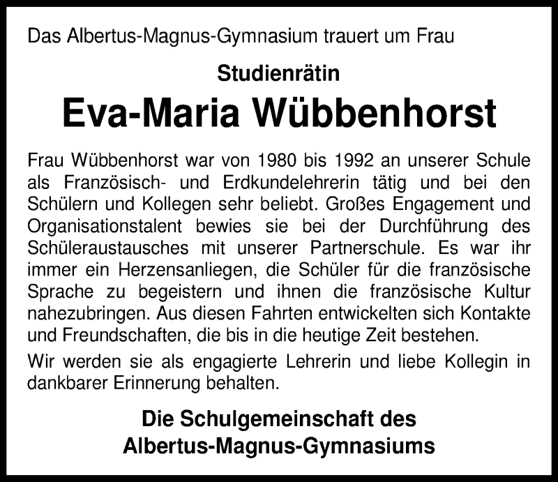  Traueranzeige für Eva-Maria Wübbenhorst vom 26.08.2016 aus Nordwest-Zeitung
