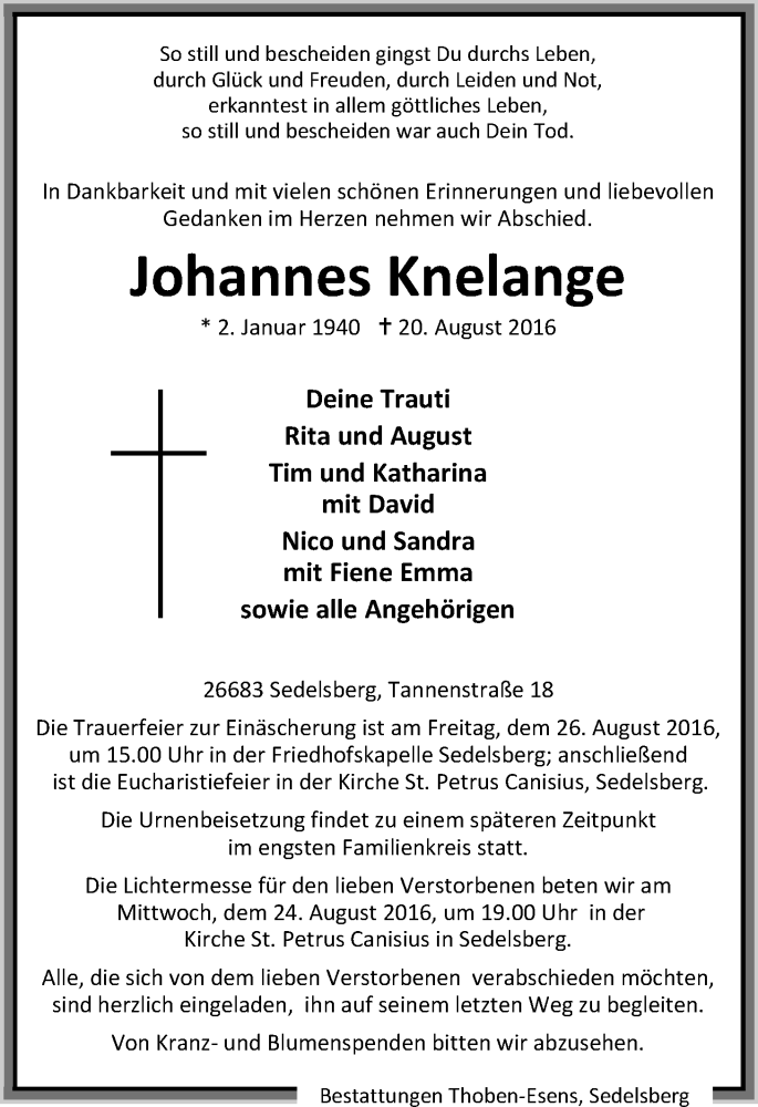  Traueranzeige für Johannes Knelange vom 24.08.2016 aus Nordwest-Zeitung