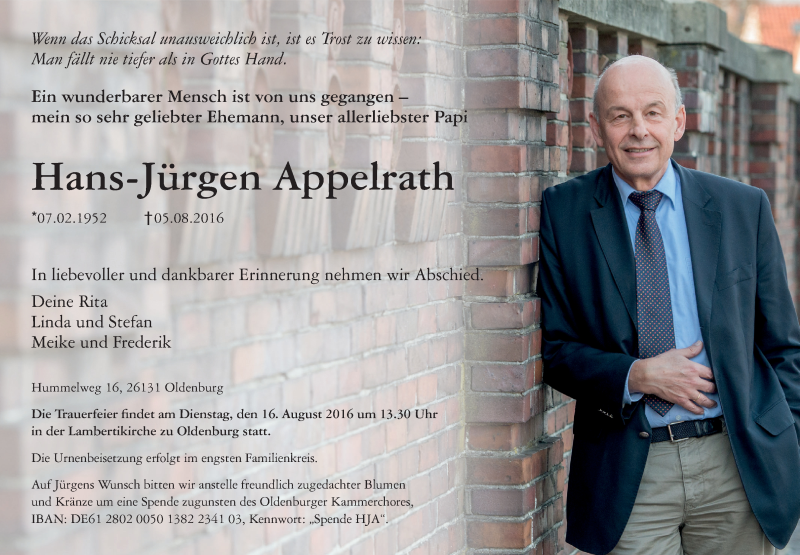  Traueranzeige für Hans-Jürgen Appelrath vom 09.08.2016 aus Nordwest-Zeitung