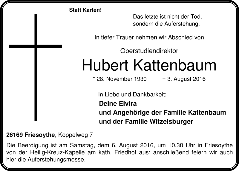 Traueranzeige für Hubert Kattenbaum vom 05.08.2016 aus Nordwest-Zeitung