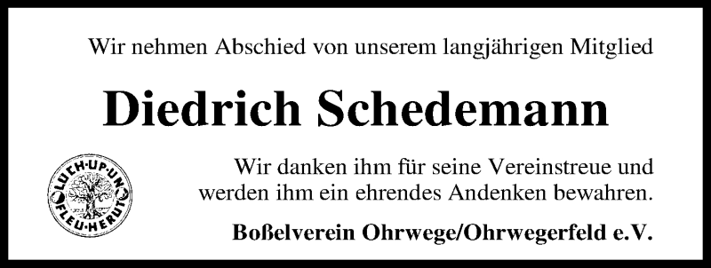 Traueranzeige für Diedrich Schedemann vom 27.08.2016 aus Nordwest-Zeitung