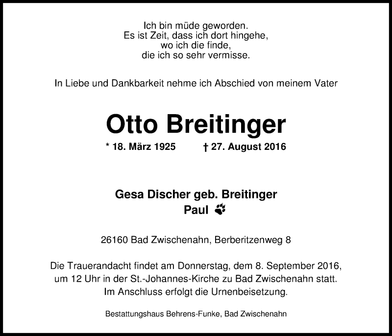  Traueranzeige für Otto Breitinger vom 01.09.2016 aus Nordwest-Zeitung