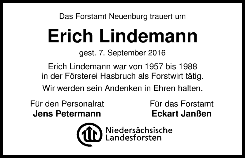  Traueranzeige für Erich Lindemann vom 13.09.2016 aus Nordwest-Zeitung