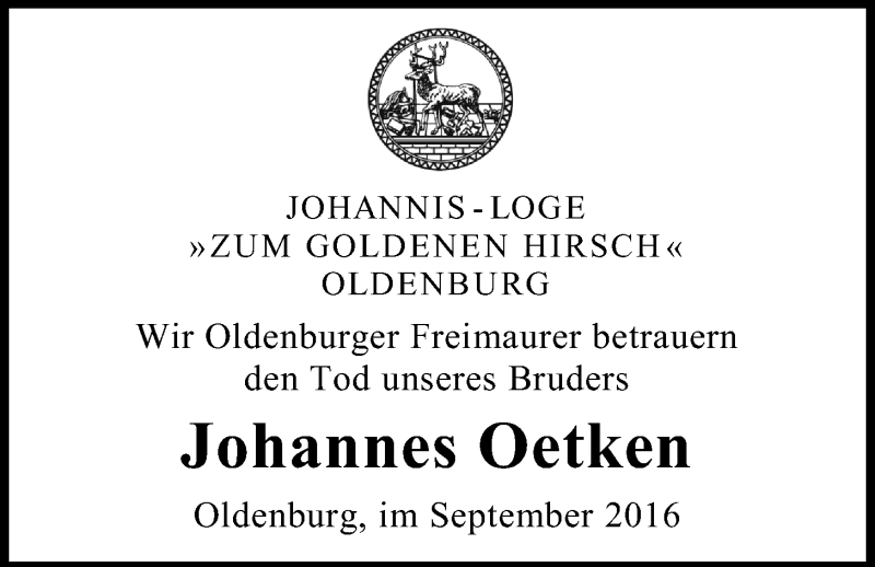  Traueranzeige für Johannes Oetken vom 08.09.2016 aus Nordwest-Zeitung