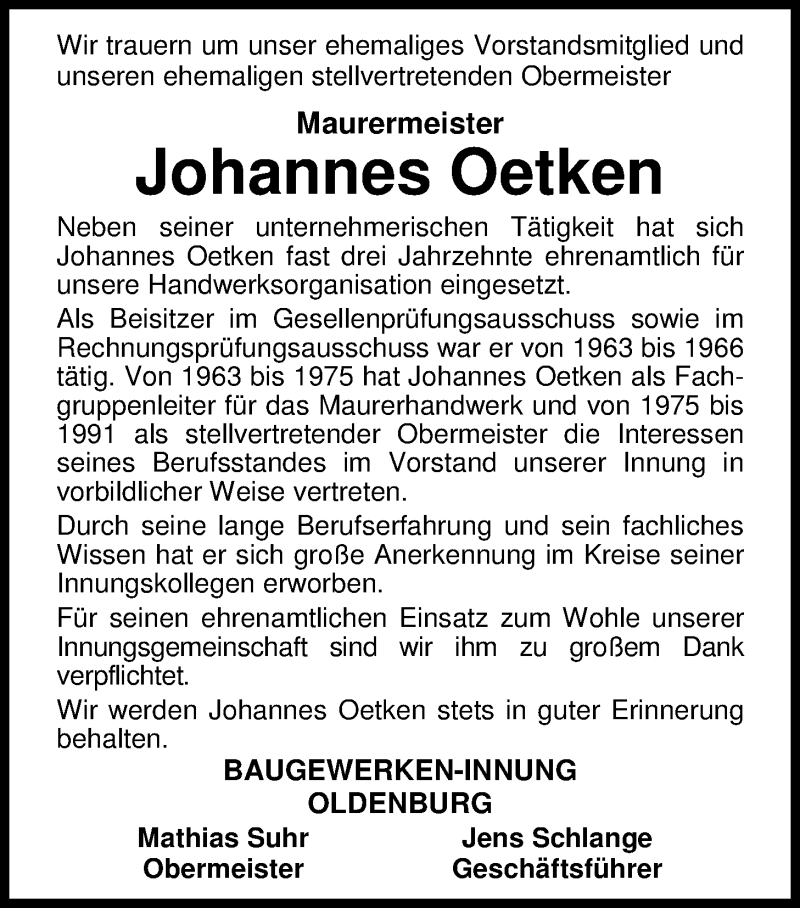 Traueranzeige für Johannes Oetken vom 08.09.2016 aus Nordwest-Zeitung