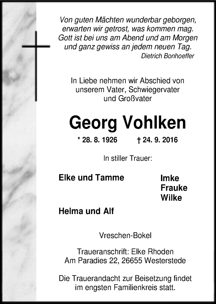  Traueranzeige für Georg Vohlken vom 30.09.2016 aus Nordwest-Zeitung