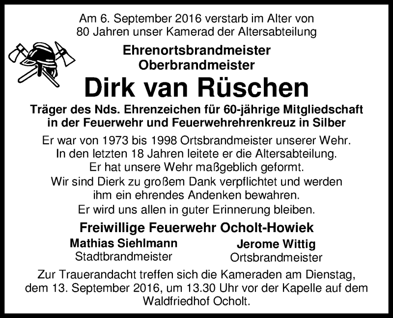  Traueranzeige für Dirk van Rüschen vom 09.09.2016 aus Nordwest-Zeitung