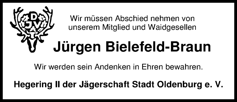  Traueranzeige für Jürgen Bielefeld-Braun vom 15.09.2016 aus Nordwest-Zeitung