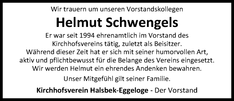  Traueranzeige für Helmut Schwengels vom 17.01.2017 aus Nordwest-Zeitung