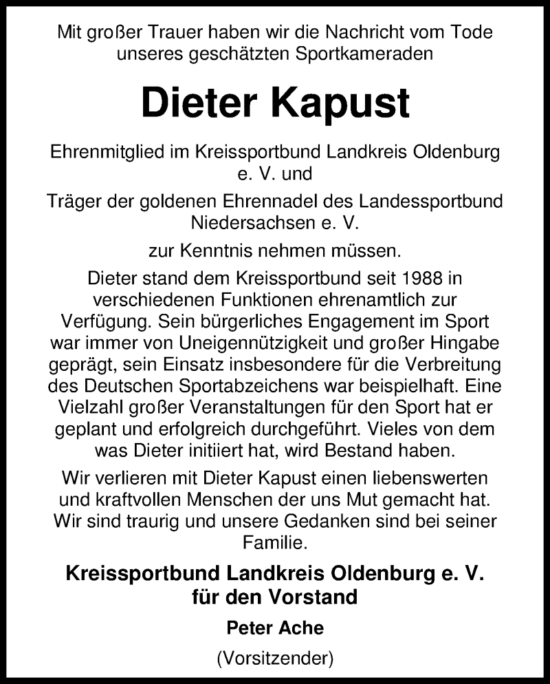  Traueranzeige für Dieter Kapust vom 05.01.2017 aus Nordwest-Zeitung