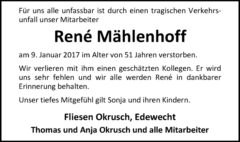  Traueranzeige für René Mählenhoff vom 13.01.2017 aus Nordwest-Zeitung