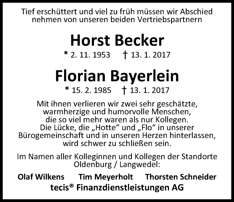 Traueranzeige für Florian Bayerlein vom 24.01.2017 aus Nordwest-Zeitung