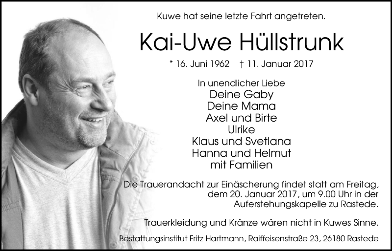 Traueranzeige für Kai-Uwe Hüllstrunk vom 17.01.2017 aus Nordwest-Zeitung