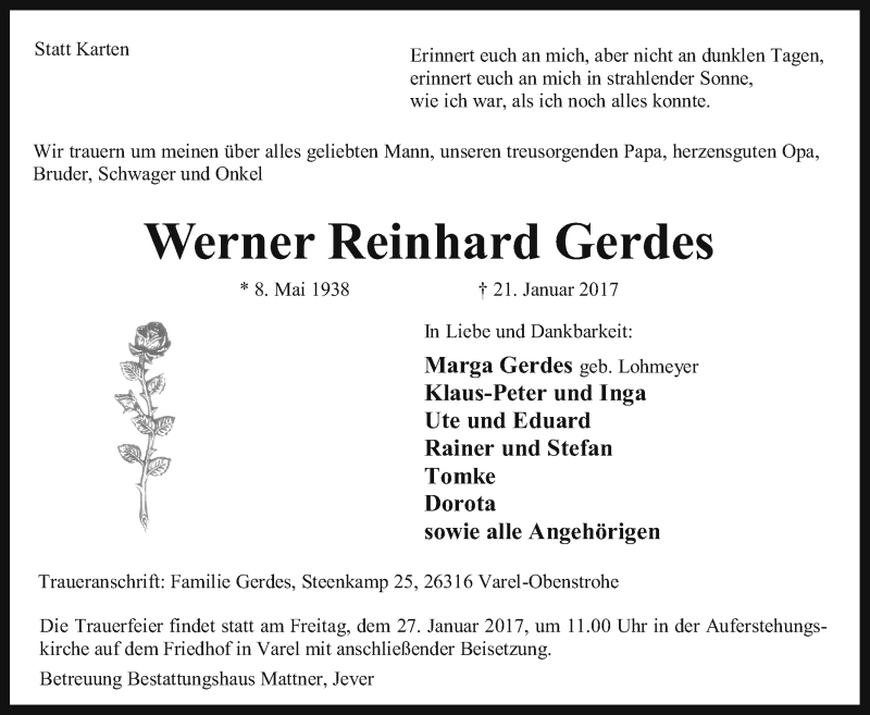  Traueranzeige für Werner Reinhard Gerdes vom 24.01.2017 aus Nordwest-Zeitung