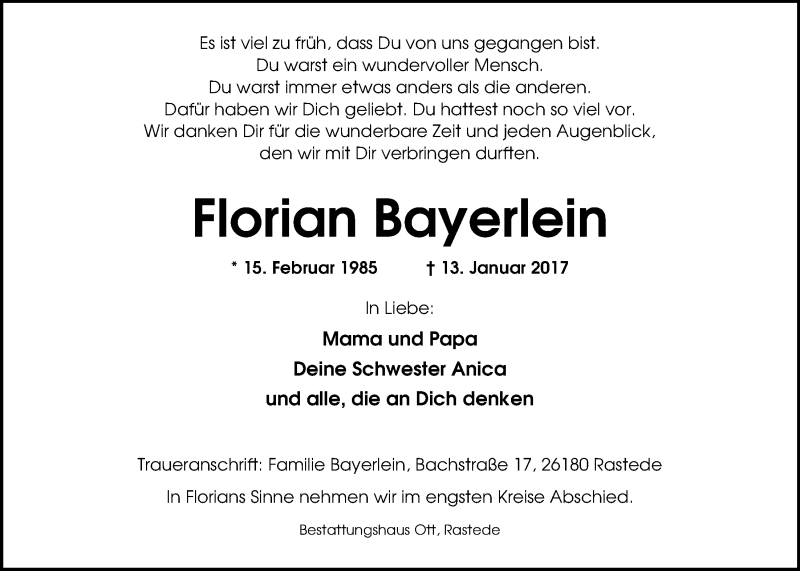  Traueranzeige für Florian Bayerlein vom 19.01.2017 aus Nordwest-Zeitung