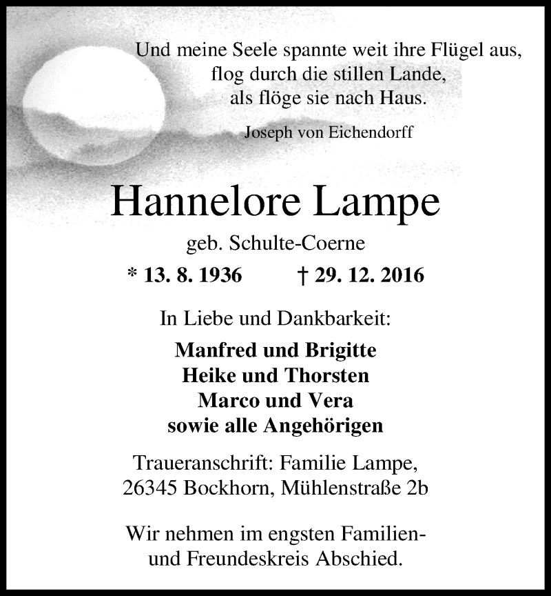  Traueranzeige für Hannelore Lampe vom 07.01.2017 aus Nordwest-Zeitung