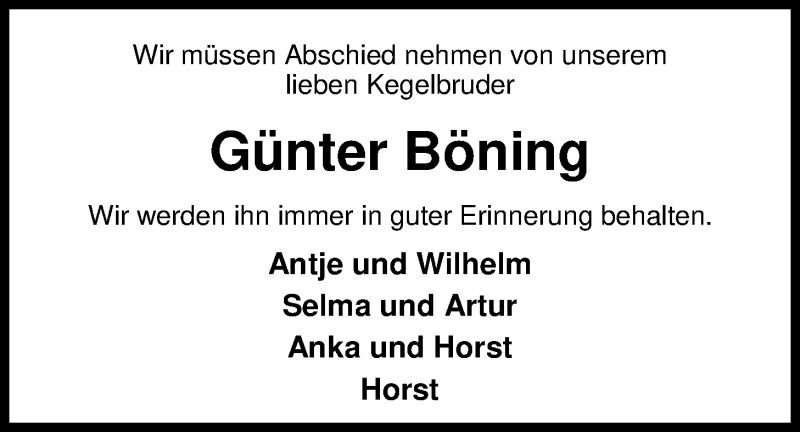 Traueranzeigen von Günter Böning nordwest trauer de