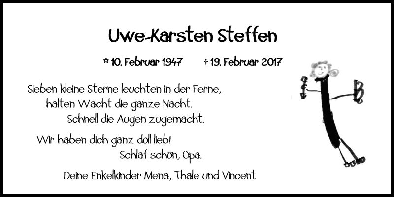  Traueranzeige für Uwe-Karsten Steffen vom 25.02.2017 aus Nordwest-Zeitung