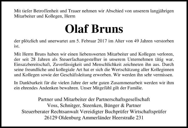  Traueranzeige für Olaf Bruns vom 22.02.2017 aus Nordwest-Zeitung