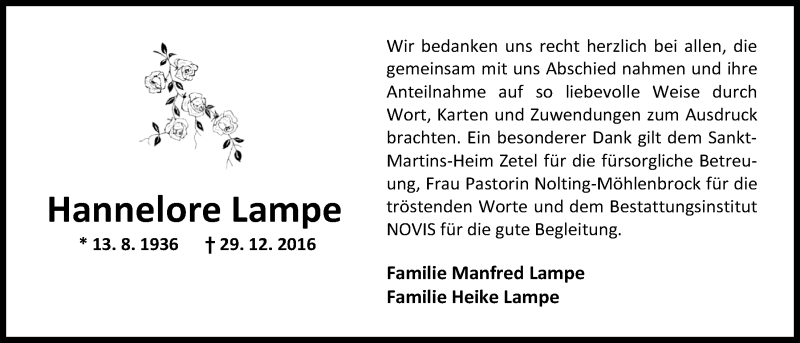  Traueranzeige für Hannelore Lampe vom 04.02.2017 aus Nordwest-Zeitung