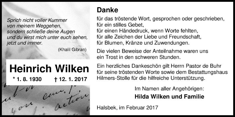  Traueranzeige für Heinrich Wilken vom 25.02.2017 aus Nordwest-Zeitung