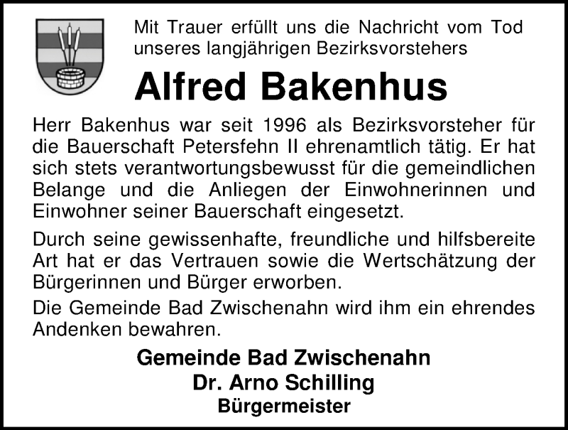  Traueranzeige für Alfred Bakenhus vom 23.02.2017 aus Nordwest-Zeitung