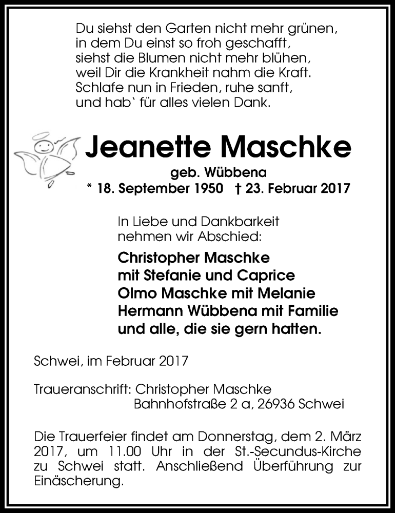  Traueranzeige für Jeanette Maschke vom 27.02.2017 aus Nordwest-Zeitung