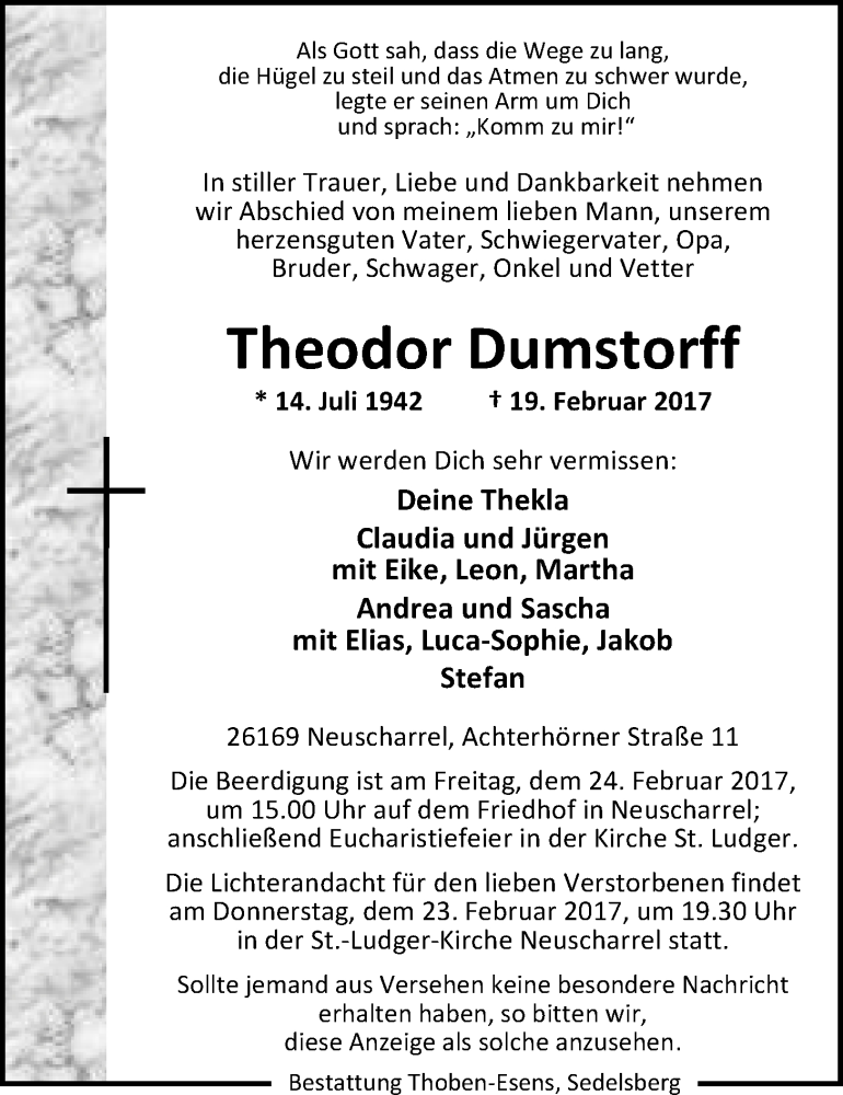  Traueranzeige für Theodor Dumstorff vom 22.02.2017 aus Nordwest-Zeitung