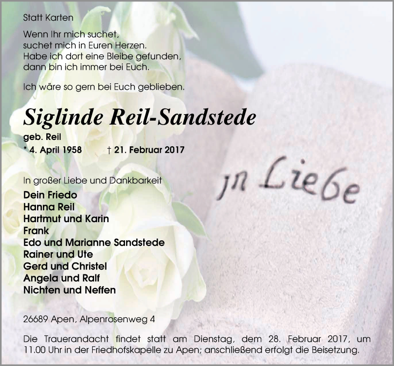  Traueranzeige für Siglinde Reil-Sandstede vom 23.02.2017 aus Nordwest-Zeitung
