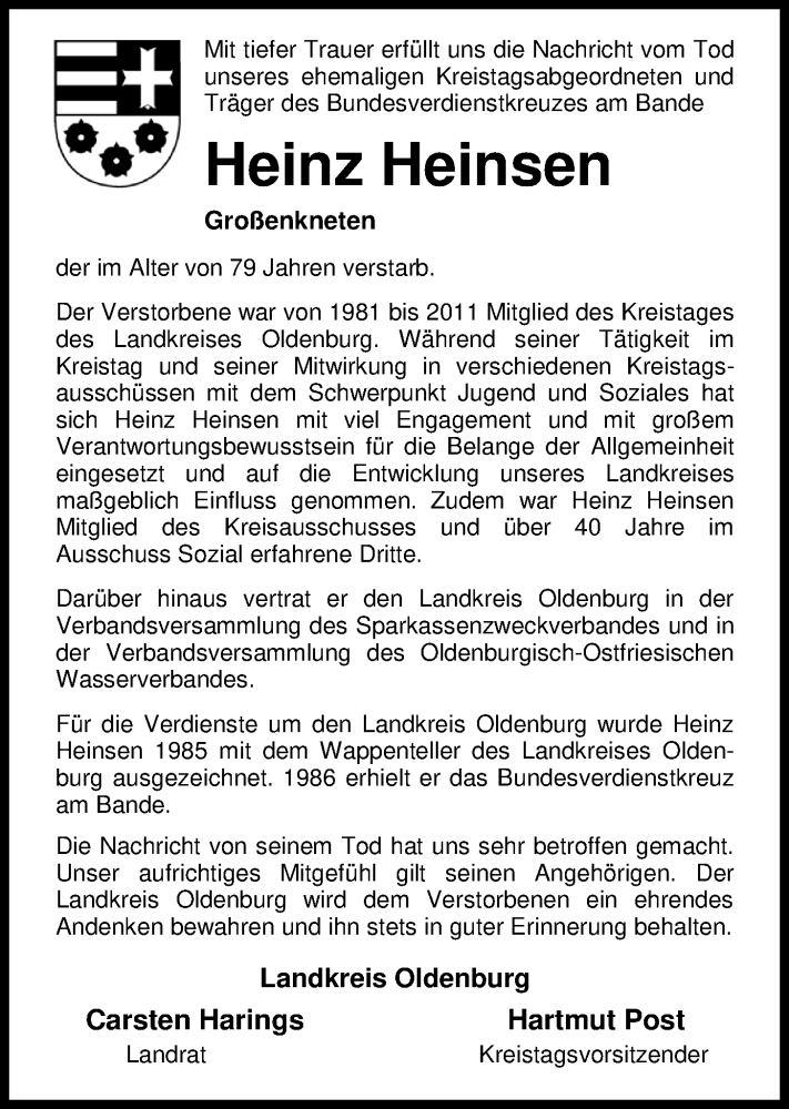  Traueranzeige für Heinz Heinsen vom 27.03.2017 aus Nordwest-Zeitung