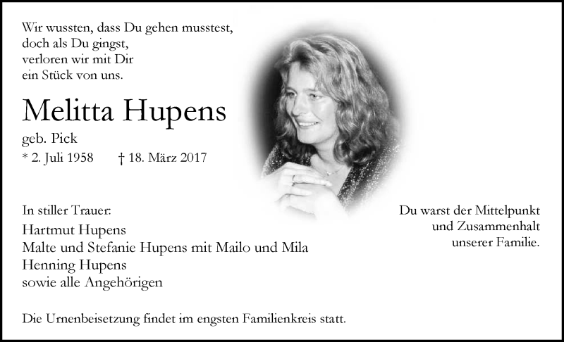  Traueranzeige für Melitta Hupens vom 24.03.2017 aus Nordwest-Zeitung