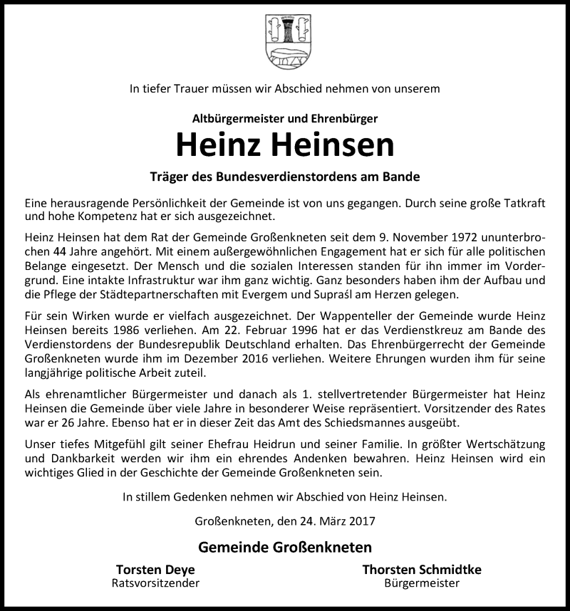  Traueranzeige für Heinz Heinsen vom 27.03.2017 aus Nordwest-Zeitung