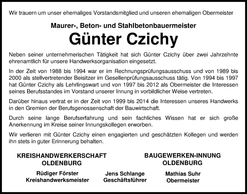  Traueranzeige für Günter Czichy vom 21.03.2017 aus Nordwest-Zeitung