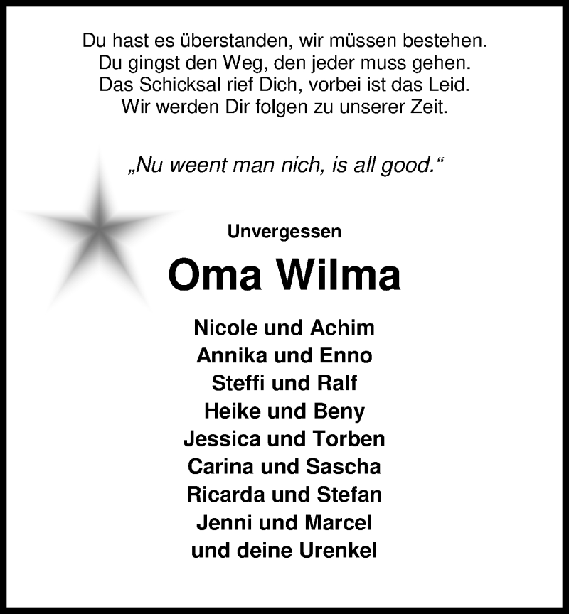  Traueranzeige für Wilma Töbermann vom 21.03.2017 aus Nordwest-Zeitung