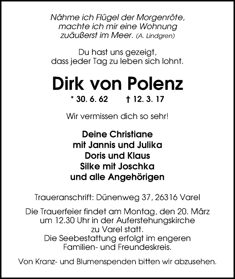  Traueranzeige für Dirk von Polenz vom 15.03.2017 aus Nordwest-Zeitung