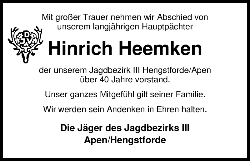  Traueranzeige für Hinrich Heemken vom 25.03.2017 aus Nordwest-Zeitung