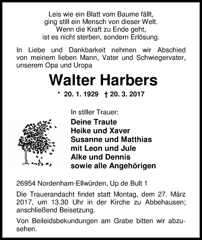  Traueranzeige für Walter Harbers vom 22.03.2017 aus Nordwest-Zeitung