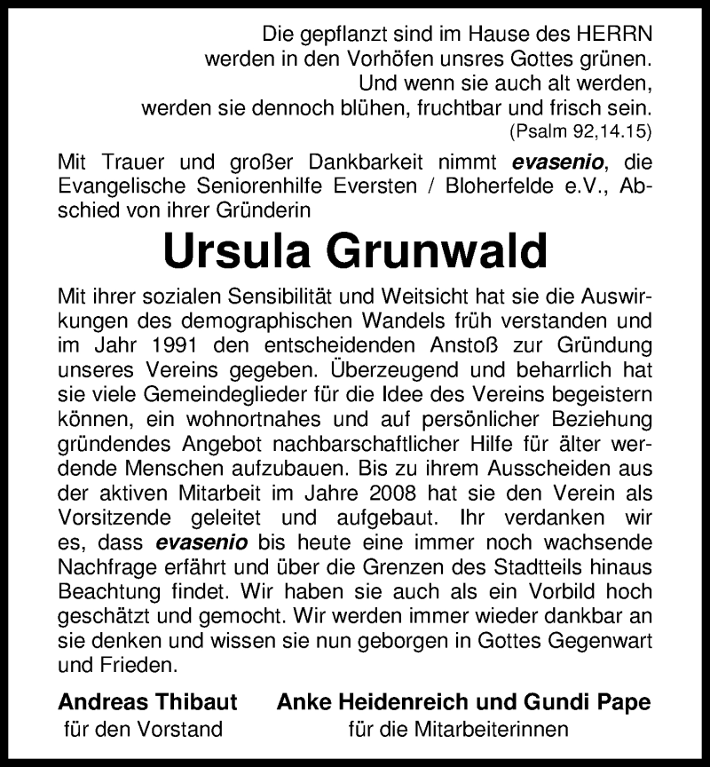  Traueranzeige für Ursula Grunwald vom 22.03.2017 aus Nordwest-Zeitung