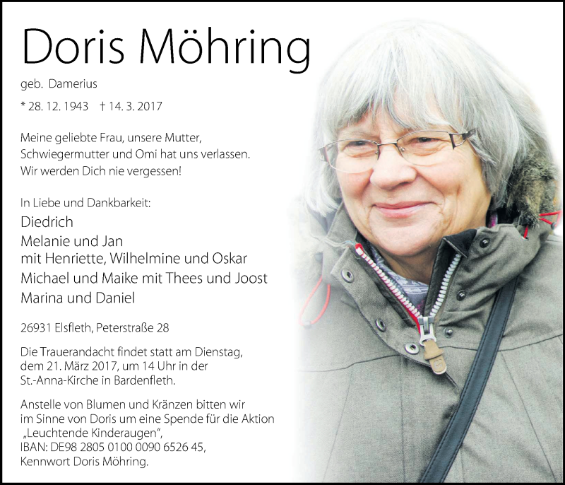  Traueranzeige für Doris Möhring vom 17.03.2017 aus Nordwest-Zeitung