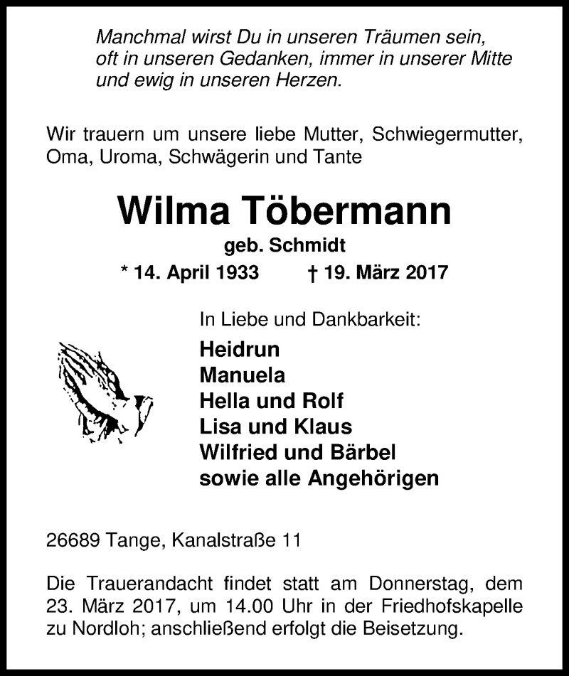  Traueranzeige für Wilma Töbermann vom 21.03.2017 aus Nordwest-Zeitung