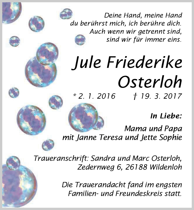  Traueranzeige für Jule Friederike Osterloh vom 25.03.2017 aus Nordwest-Zeitung
