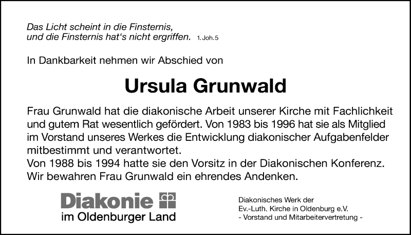  Traueranzeige für Ursula Grunwald vom 23.03.2017 aus Nordwest-Zeitung