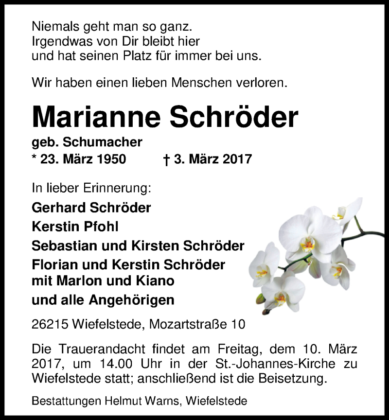  Traueranzeige für Marianne Schröder vom 06.03.2017 aus Nordwest-Zeitung