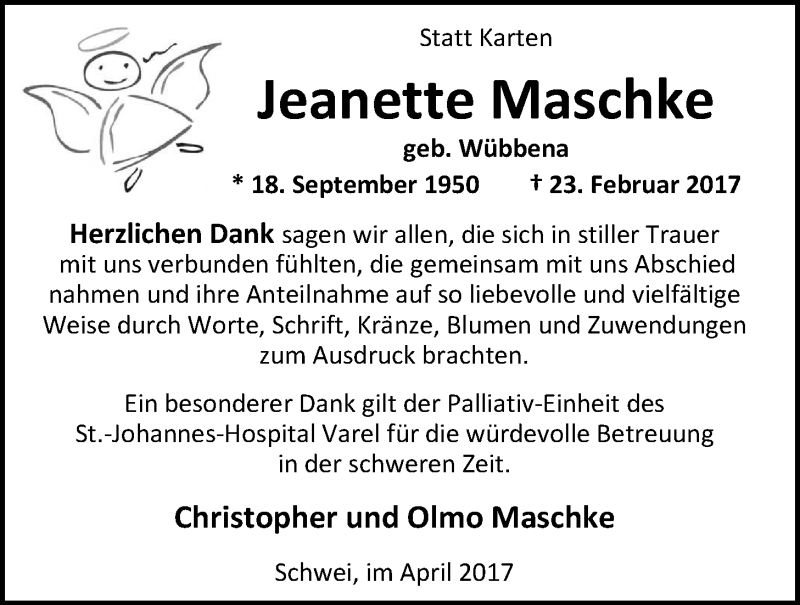  Traueranzeige für Jeanette Maschke vom 07.04.2017 aus Nordwest-Zeitung