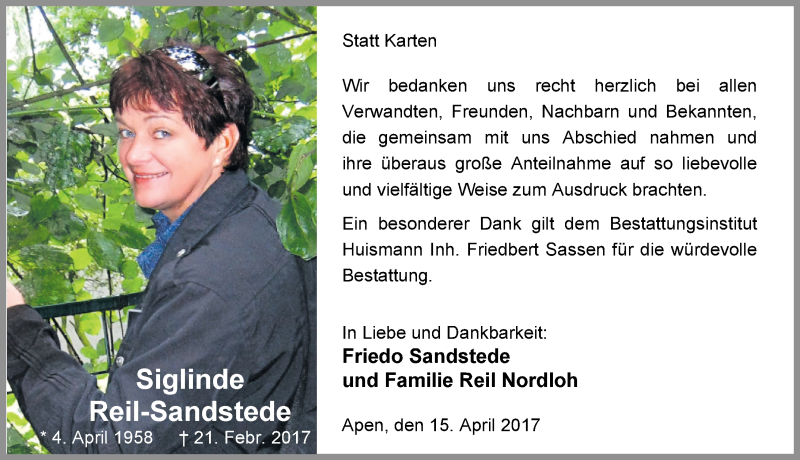  Traueranzeige für Siglinde Reil-Sandstede vom 15.04.2017 aus Nordwest-Zeitung