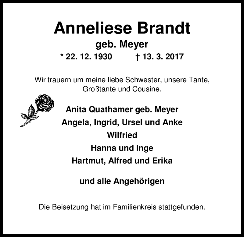 Traueranzeigen Von Anneliese Brandt Nordwest Trauer De